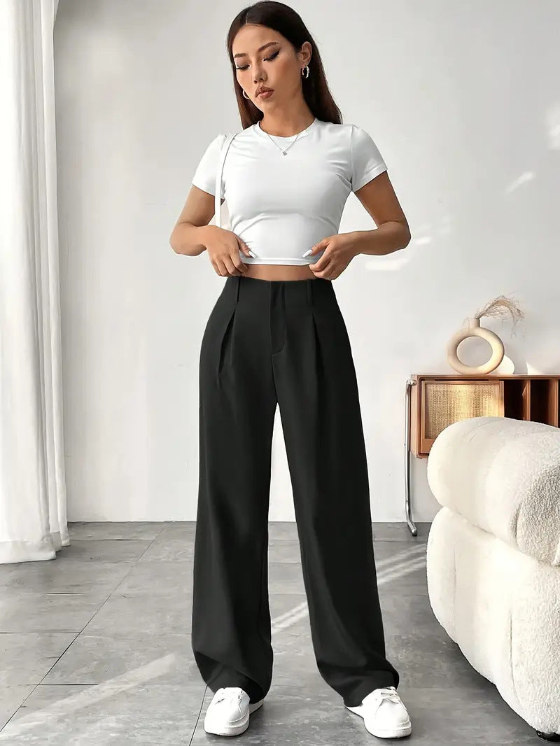 🎅 LAST DAY SALE 49% OFF🎄Women's Solid Color Plicated Pocket Wide Leg Pants, Elegant Zipper Fly Trousers for Work Office Business, Ladies Spring & Fall Clothes