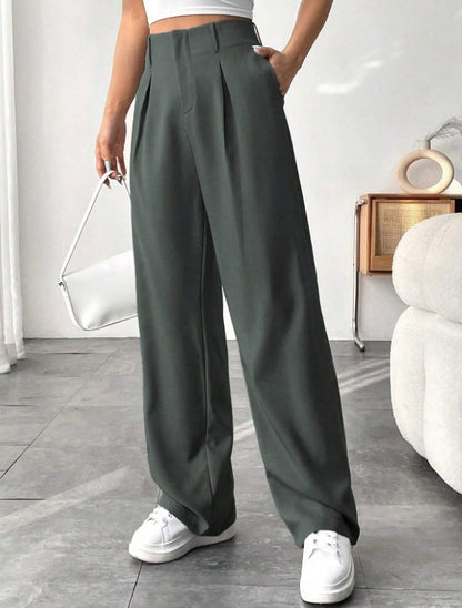 🎅 LAST DAY SALE 49% OFF🎄Women's Solid Color Plicated Pocket Wide Leg Pants, Elegant Zipper Fly Trousers for Work Office Business, Ladies Spring & Fall Clothes