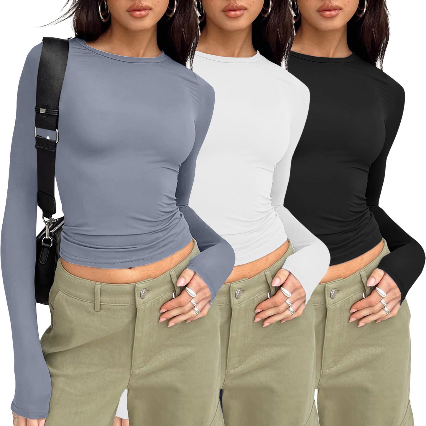 🎅Women's 3 Pack Long Sleeve Crop Tops Slim Fit Y2K Fashion Basic Layering Shirts