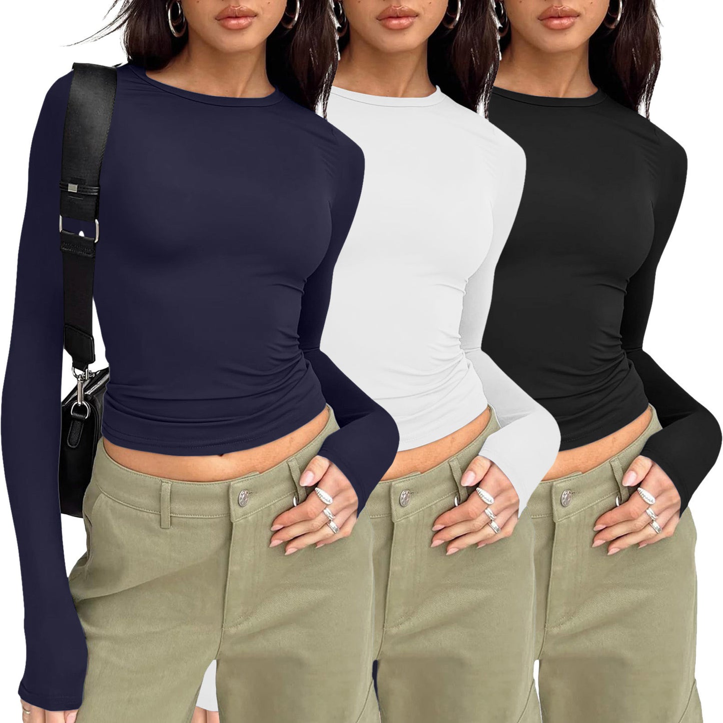 🎅Women's 3 Pack Long Sleeve Crop Tops Slim Fit Y2K Fashion Basic Layering Shirts