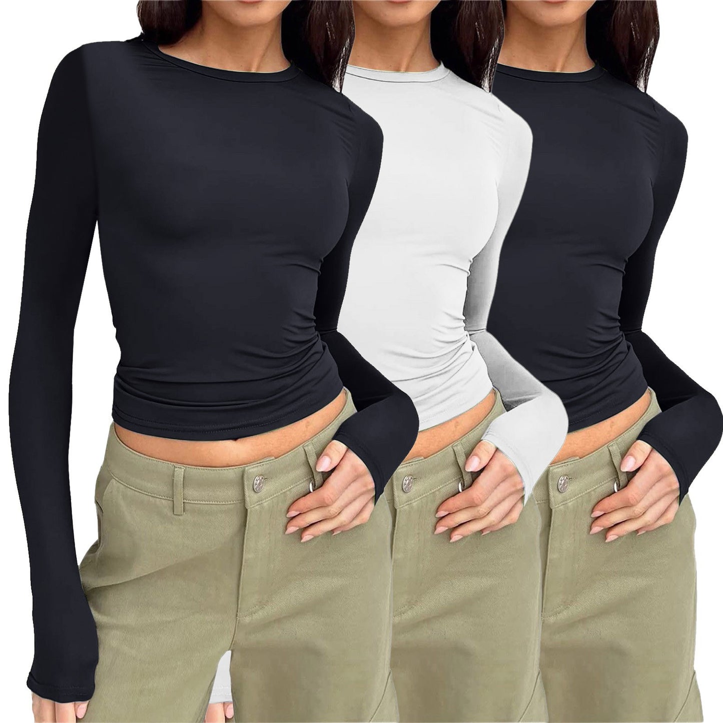 🎅Women's 3 Pack Long Sleeve Crop Tops Slim Fit Y2K Fashion Basic Layering Shirts