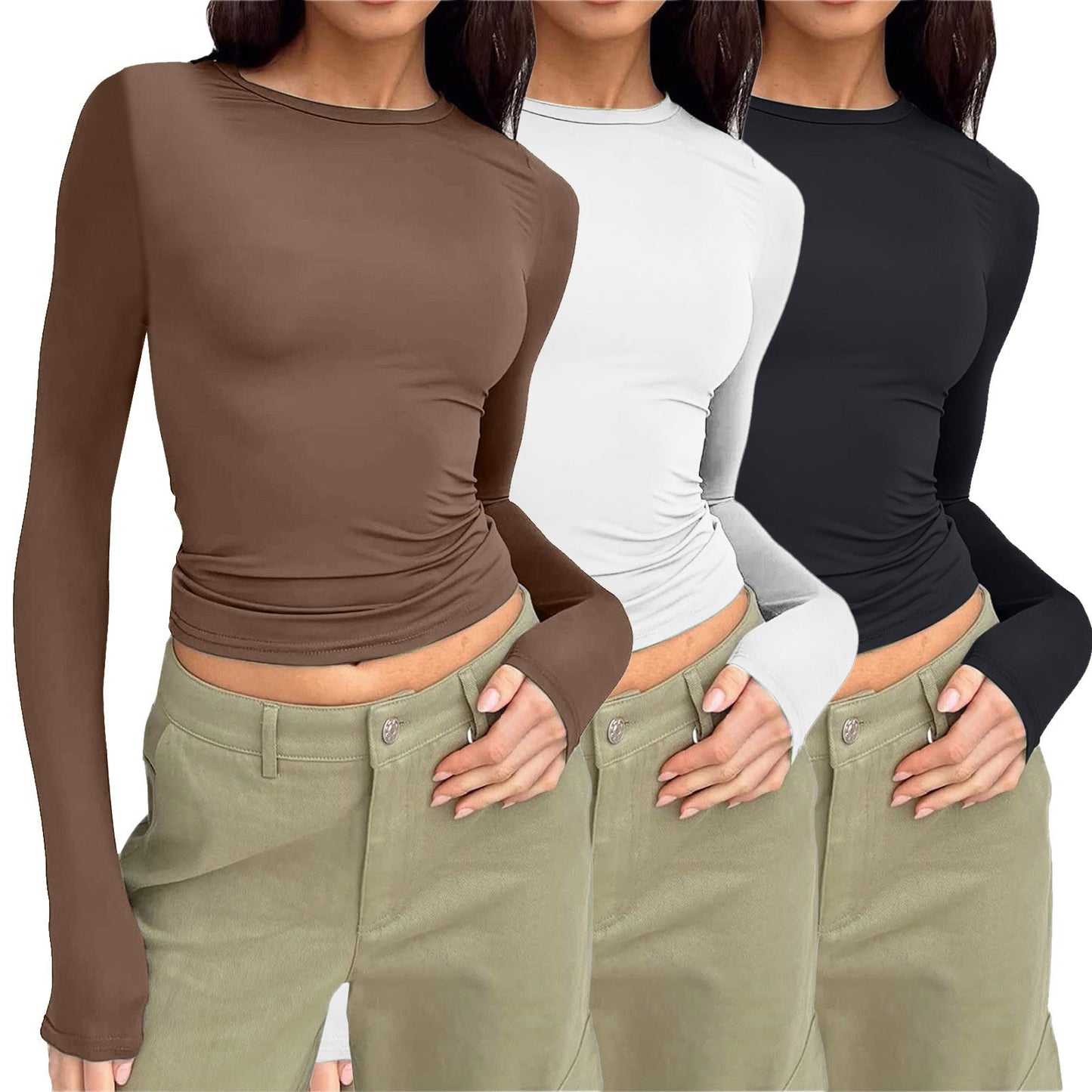 🎅Women's 3 Pack Long Sleeve Crop Tops Slim Fit Y2K Fashion Basic Layering Shirts