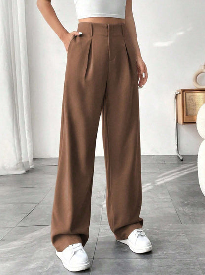 🎅 LAST DAY SALE 49% OFF🎄Women's Solid Color Plicated Pocket Wide Leg Pants, Elegant Zipper Fly Trousers for Work Office Business, Ladies Spring & Fall Clothes