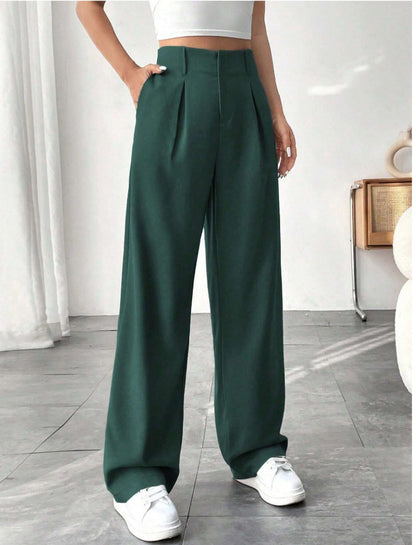 🎅 LAST DAY SALE 49% OFF🎄Women's Solid Color Plicated Pocket Wide Leg Pants, Elegant Zipper Fly Trousers for Work Office Business, Ladies Spring & Fall Clothes