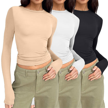 🎅Women's 3 Pack Long Sleeve Crop Tops Slim Fit Y2K Fashion Basic Layering Shirts
