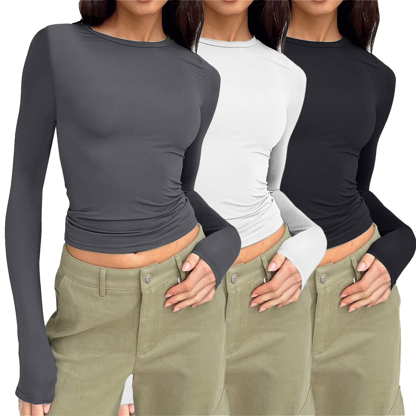 🎅Women's 3 Pack Long Sleeve Crop Tops Slim Fit Y2K Fashion Basic Layering Shirts