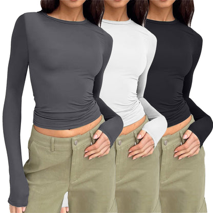 🎅Women's 3 Pack Long Sleeve Crop Tops Slim Fit Y2K Fashion Basic Layering Shirts