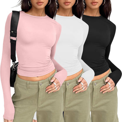 🎅Women's 3 Pack Long Sleeve Crop Tops Slim Fit Y2K Fashion Basic Layering Shirts