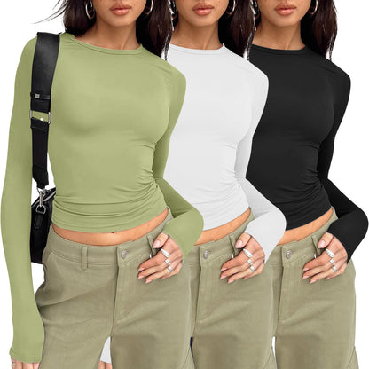 🎅Women's 3 Pack Long Sleeve Crop Tops Slim Fit Y2K Fashion Basic Layering Shirts