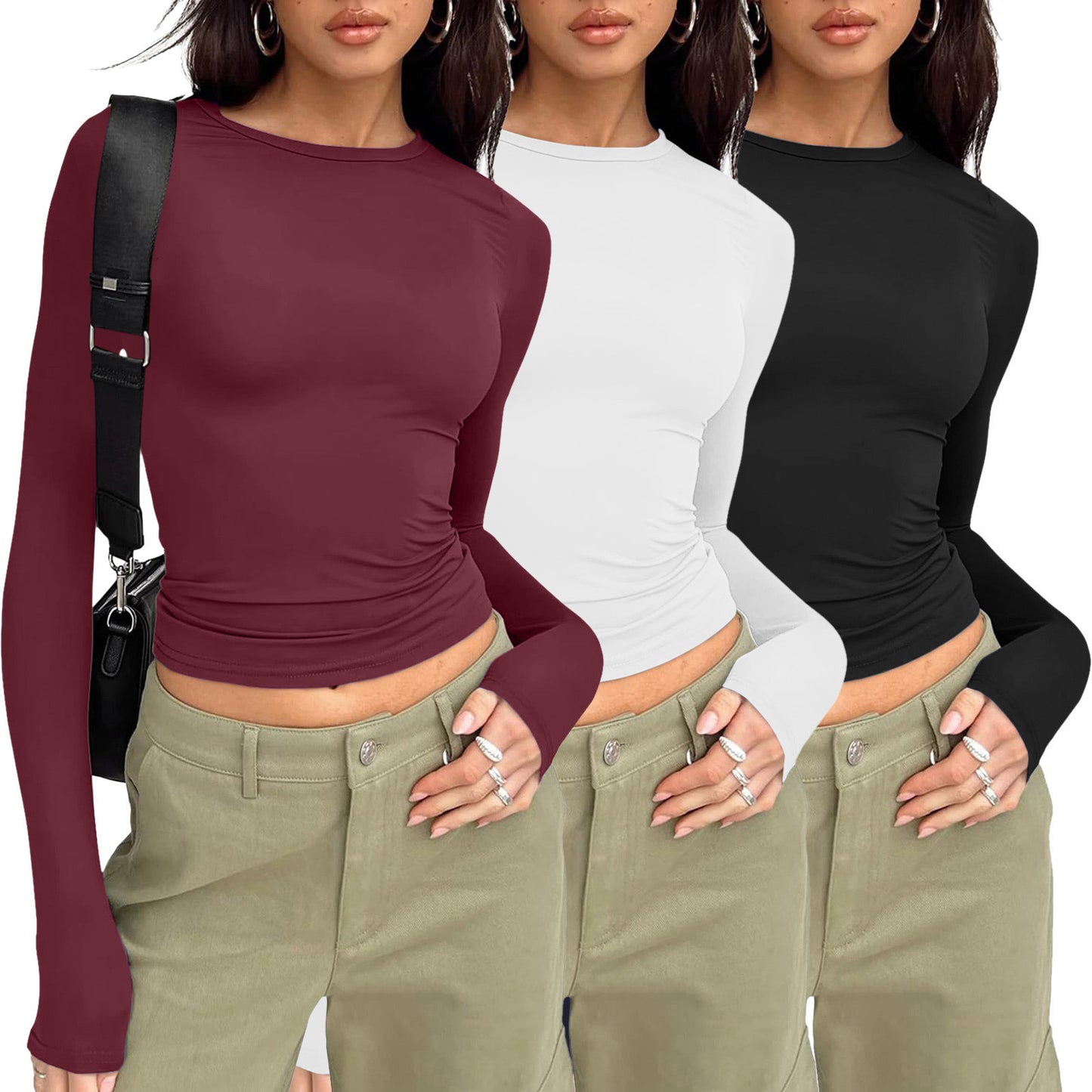 🎅Women's 3 Pack Long Sleeve Crop Tops Slim Fit Y2K Fashion Basic Layering Shirts