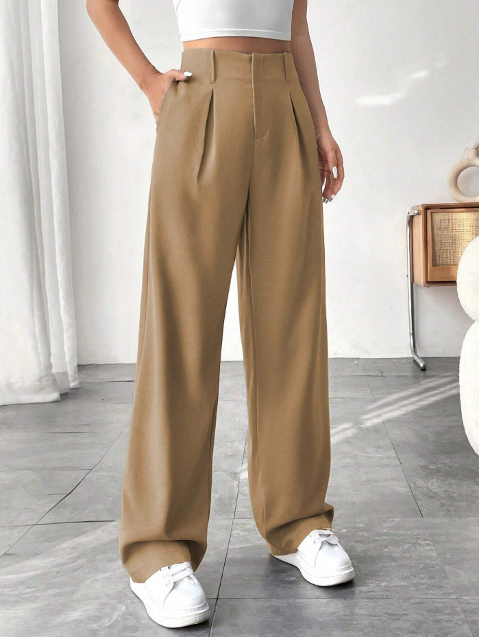 🎅 LAST DAY SALE 49% OFF🎄Women's Solid Color Plicated Pocket Wide Leg Pants, Elegant Zipper Fly Trousers for Work Office Business, Ladies Spring & Fall Clothes
