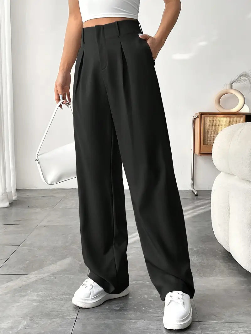 🎅 LAST DAY SALE 49% OFF🎄Women's Solid Color Plicated Pocket Wide Leg Pants, Elegant Zipper Fly Trousers for Work Office Business, Ladies Spring & Fall Clothes