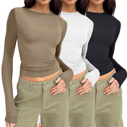 🎅Women's 3 Pack Long Sleeve Crop Tops Slim Fit Y2K Fashion Basic Layering Shirts