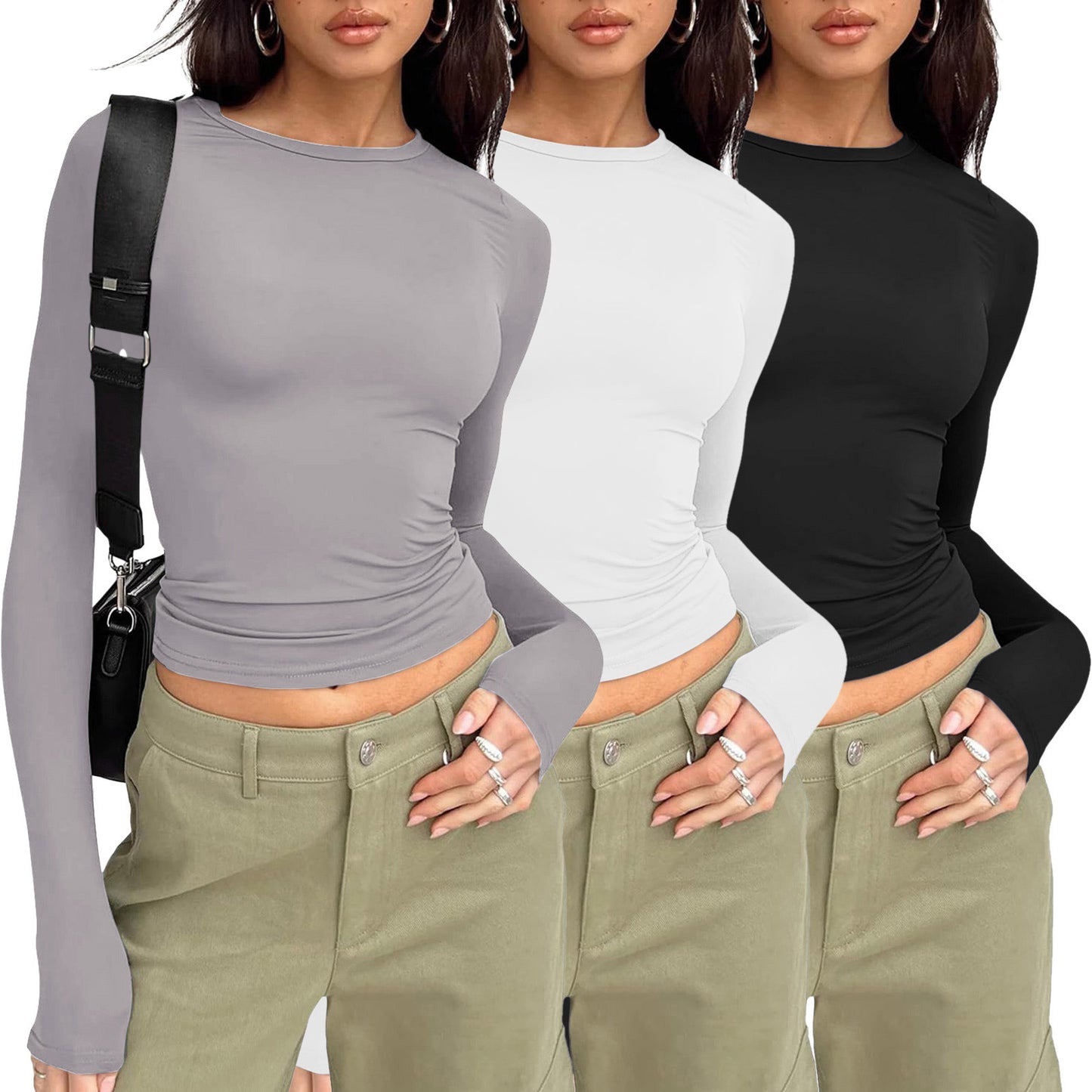 🎅Women's 3 Pack Long Sleeve Crop Tops Slim Fit Y2K Fashion Basic Layering Shirts